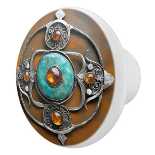 Turquoise Flame with Amber Core and Carved Silver Ceramic Knob