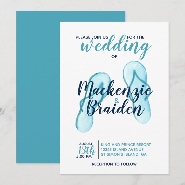 Turquoise Flip Flops Beach Wedding Invitation (Front/Back)