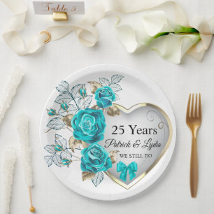 Turquoise Floral 25th Anniversary - I STILL DO Paper Plate