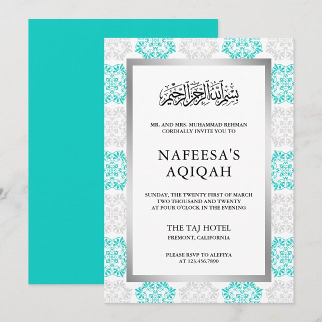 Turquoise Floral Damask Islamic Aqiqah Ceremony Invitation (Front/Back)
