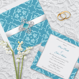 Turquoise Floral Damask Wedding Invitation
