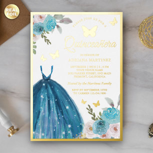 Turquoise Floral Dress Butterfly Quinceanera Gold
