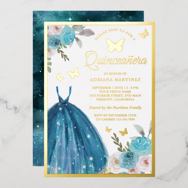 Turquoise Floral Dress Butterfly Quinceanera Gold (Front/Back)