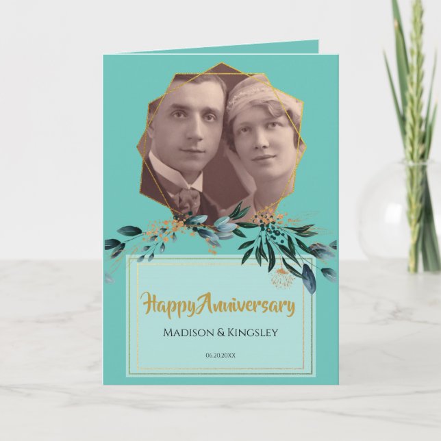 Turquoise Floral Extraordinaire Anniversaire Carte (Devant)