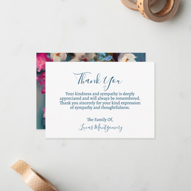 Turquoise Floral Funeral Thank You, Sympathy   Card (Front/Back In Situ)