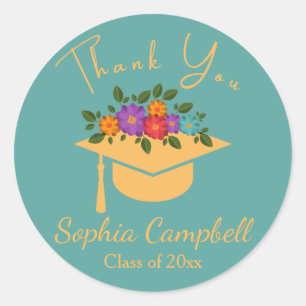 Turquoise Floral Graduation Classic Round Sticker