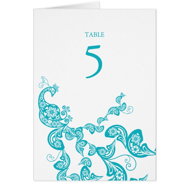 Turquoise Floral Peacock Custom Wedding Table Card (Front)