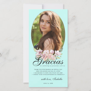 Turquoise Floral Quinceañera Photo Carte de remerc