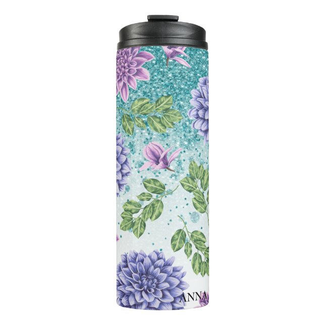*~* Turquoise Floral Succulent Glitter Girly  Thermal Tumbler (Front)