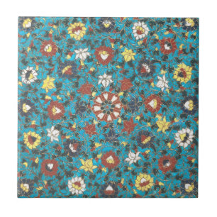Turquoise Floral Vintage Chinese distressed Flower Tile