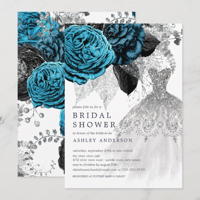Turquoise Floral Wedding Dress Bridal Shower Invitation (Front/Back)