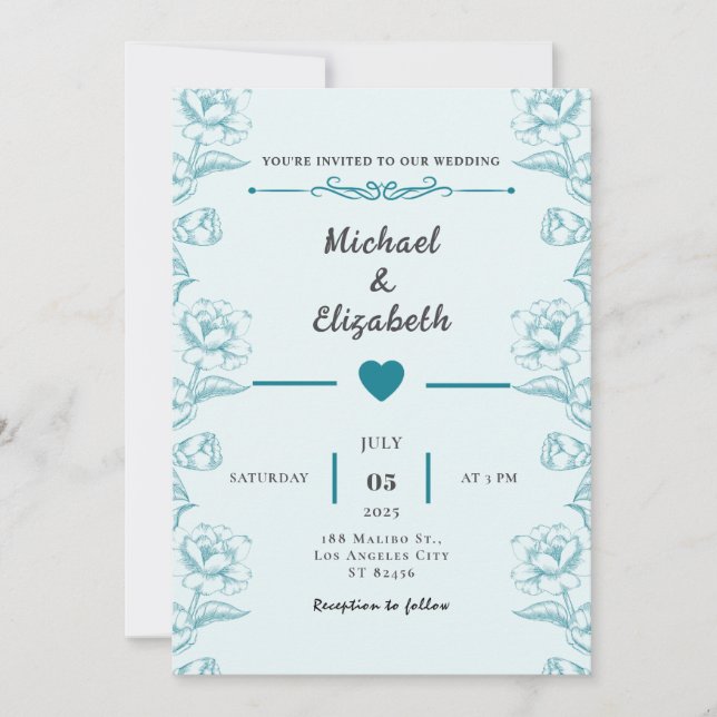 Turquoise Floral Wedding Invitation Card Design (Front)