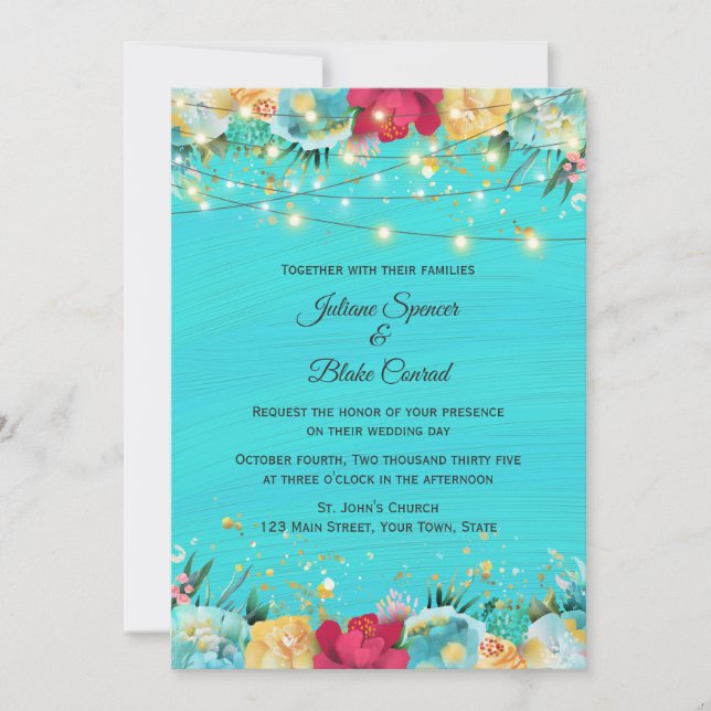 Turquoise Floral with String Lights Invitation (Front)