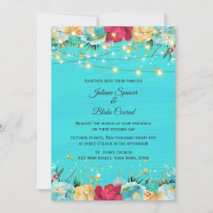 Turquoise Floral with String Lights Invitation