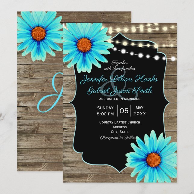 Turquoise floral wood string of lights wedding invitation (Front/Back)