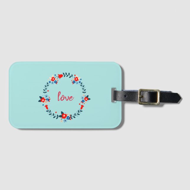 Turquoise Floral Wreath Love Luggage Tag (Front Horizontal)