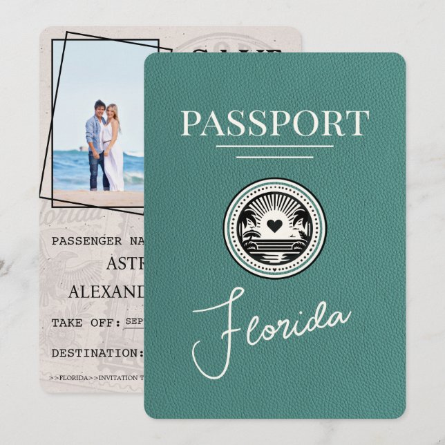 Turquoise Florida Passport Save The Date (Front/Back)