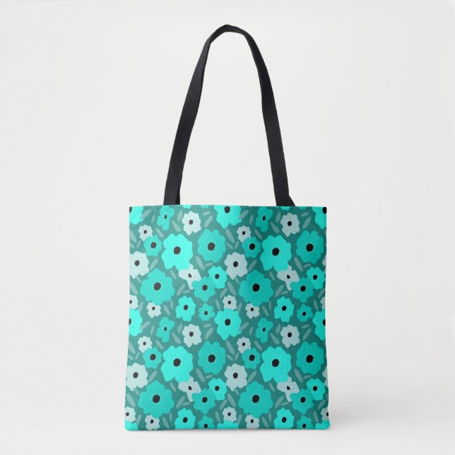 Turquoise flower pattern tote bag (Front)