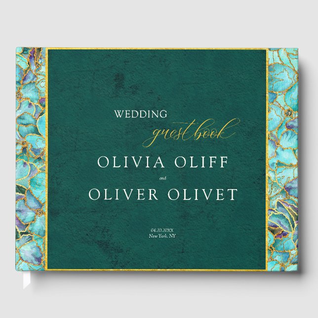 Turquoise Flowers Emerald Wedding  Guest Book (Front)