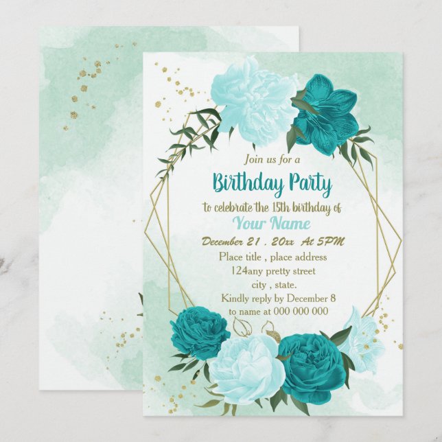 turquoise flowers green leaves birthday invitation (Front/Back)
