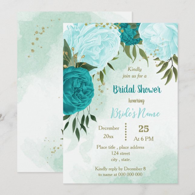 turquoise flowers green leaves bridal shower invitation (Front/Back)