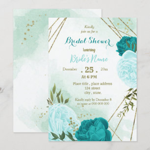 turquoise flowers green leaves bridal shower invitation