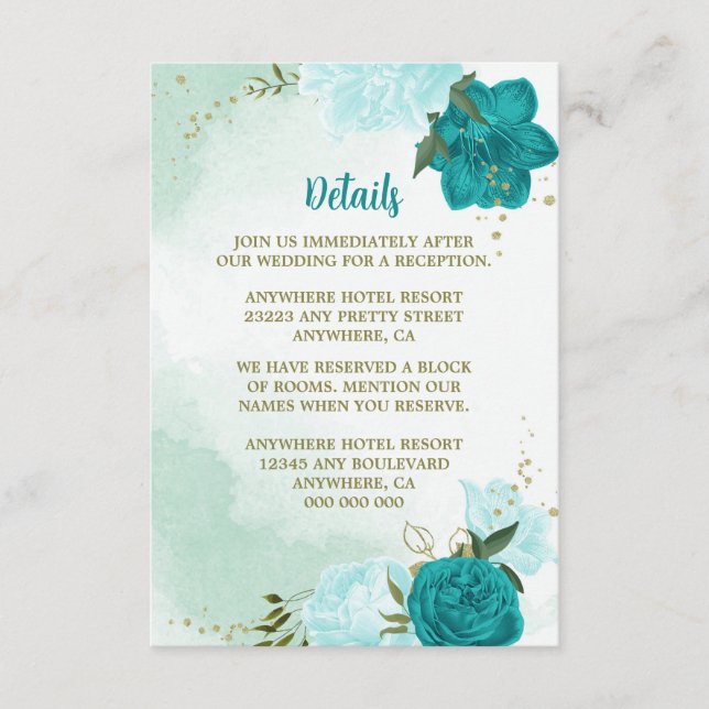 turquoise flowers green leaves enclosure card (Front)