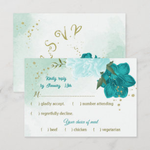 turquoise flowers green leaves RSVP card
