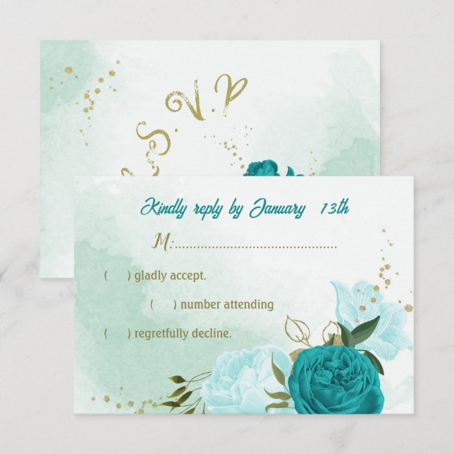 turquoise flowers green leaves RSVP card (Front/Back)