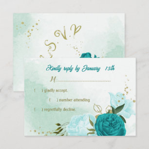turquoise flowers green leaves RSVP card