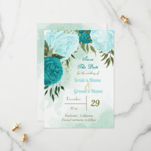 turquoise flowers green leaves save the date
