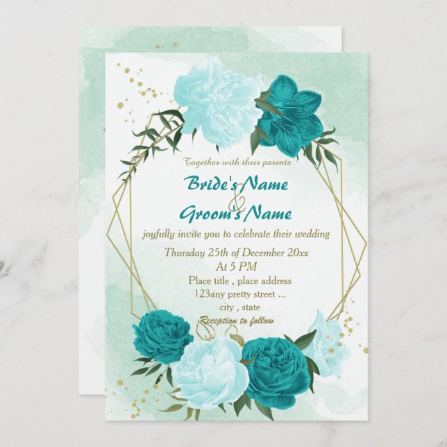 turquoise flowers green leaves wedding invitation (Front/Back)