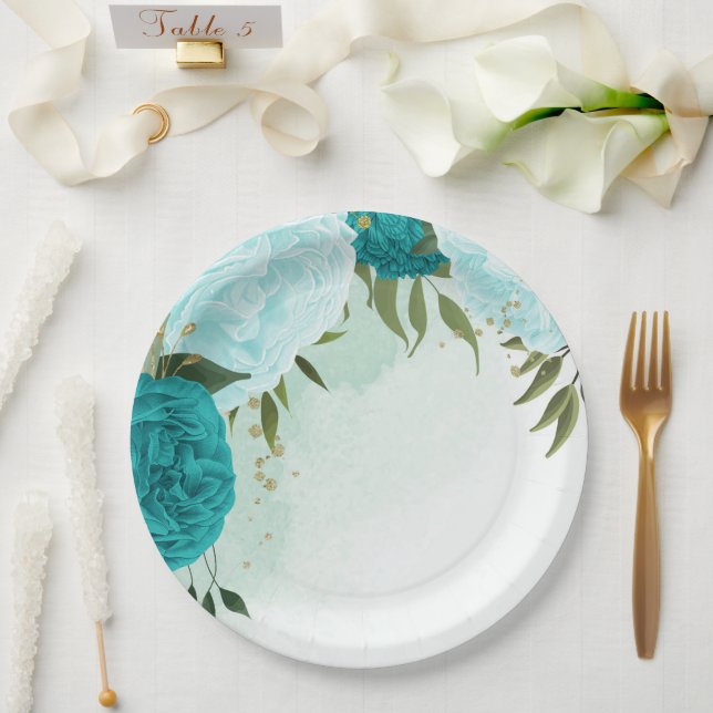 turquoise flowers green leaves wedding paper plate (Wedding)