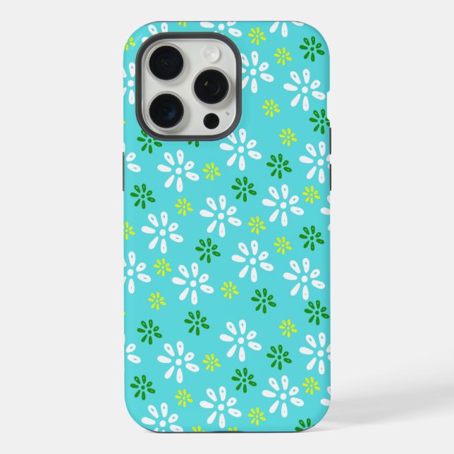 Turquoise Flowers Pattern 15 Pro Max Case (Back)