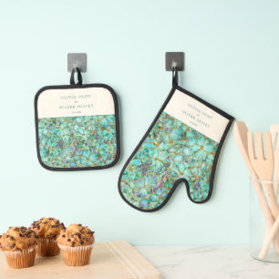 Turquoise Flowers Wedding Oven Mitt & Pot Holder Set