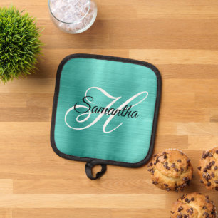 Turquoise Foil Fancy Monogram Pot Holder