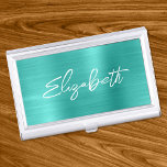 Turquoise Foil Modern Brush Script First Name Business Card Holder<br><div class="desc">A first name business card case holder for her. The script is a lovely, brush stroke modern handwritten script that is a perfect gift for her. The decorative brush stroke style may require you to re-centre your given name. You may also customize the font colour and calligraphy style. The background...</div>