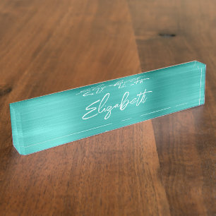 Turquoise Foil Modern Brush Script Nameplate