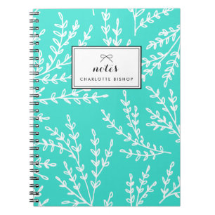 Turquoise Foliage Pattern Personalized Notebook