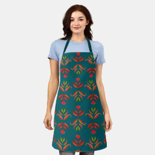 Turquoise Folk Art Floral Print Cozy Rustic Autumn Apron