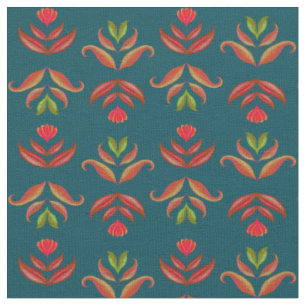 Turquoise Folk Art Floral Print Cozy Rustic Autumn Fabric