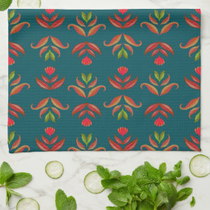 Turquoise Folk Art Floral Print Cozy Rustic Autumn Kitchen Towel
