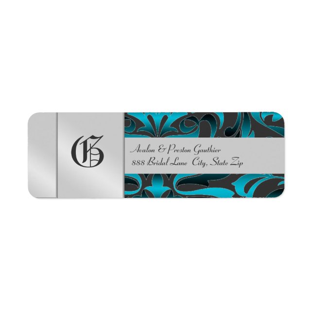 Turquoise foncé Damask Monogramme Mariage en argen (Devant)