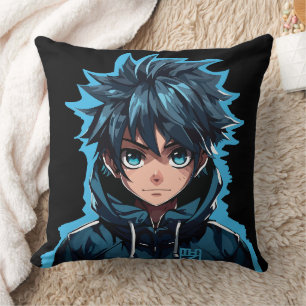 Turquoise Force: Anime-Style Manga Boy Throw Pillow