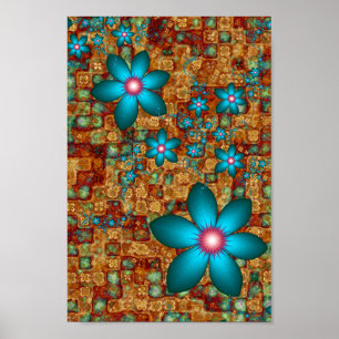 Turquoise Fractal Flowers Poster