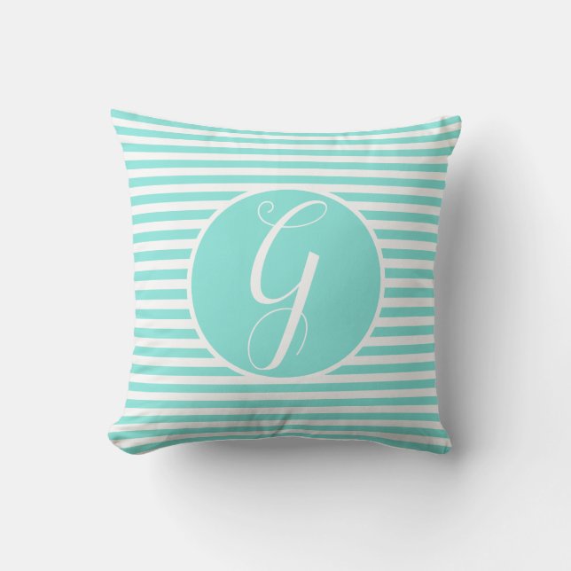 Turquoise Frame Monogram Letter Stripes Cushion (Front)