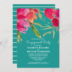 Turquoise Fuchsia Floral Engagement Party Invitation