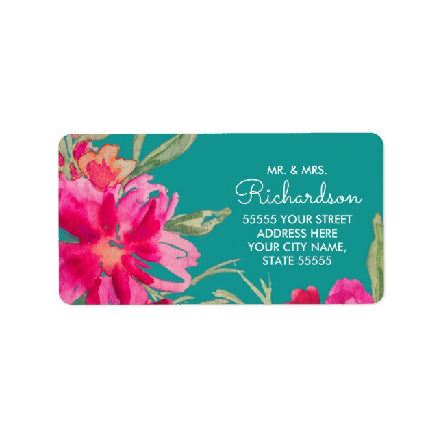 Turquoise Fuchsia Floral Retours Adresse Étiquette (Devant)