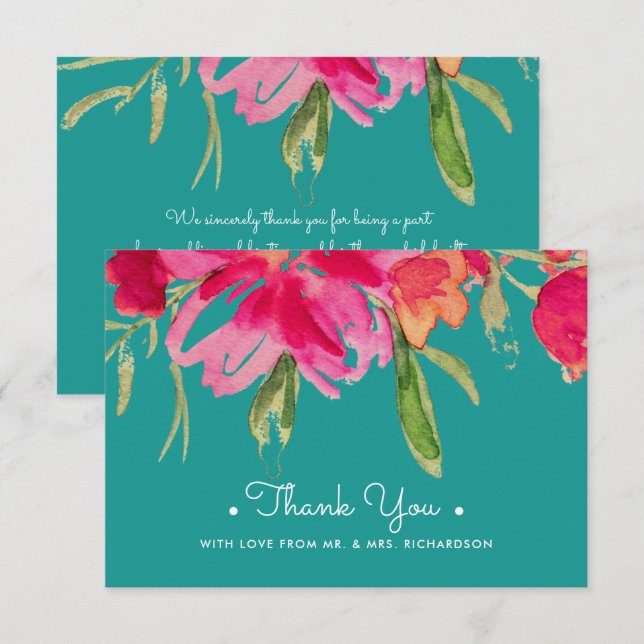 Turquoise Fuchsia Floral Thank You Wedding Card (Front/Back)