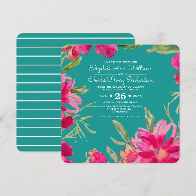 Turquoise Fuchsia Floral Watercolor Wedding Invitation (Front/Back)